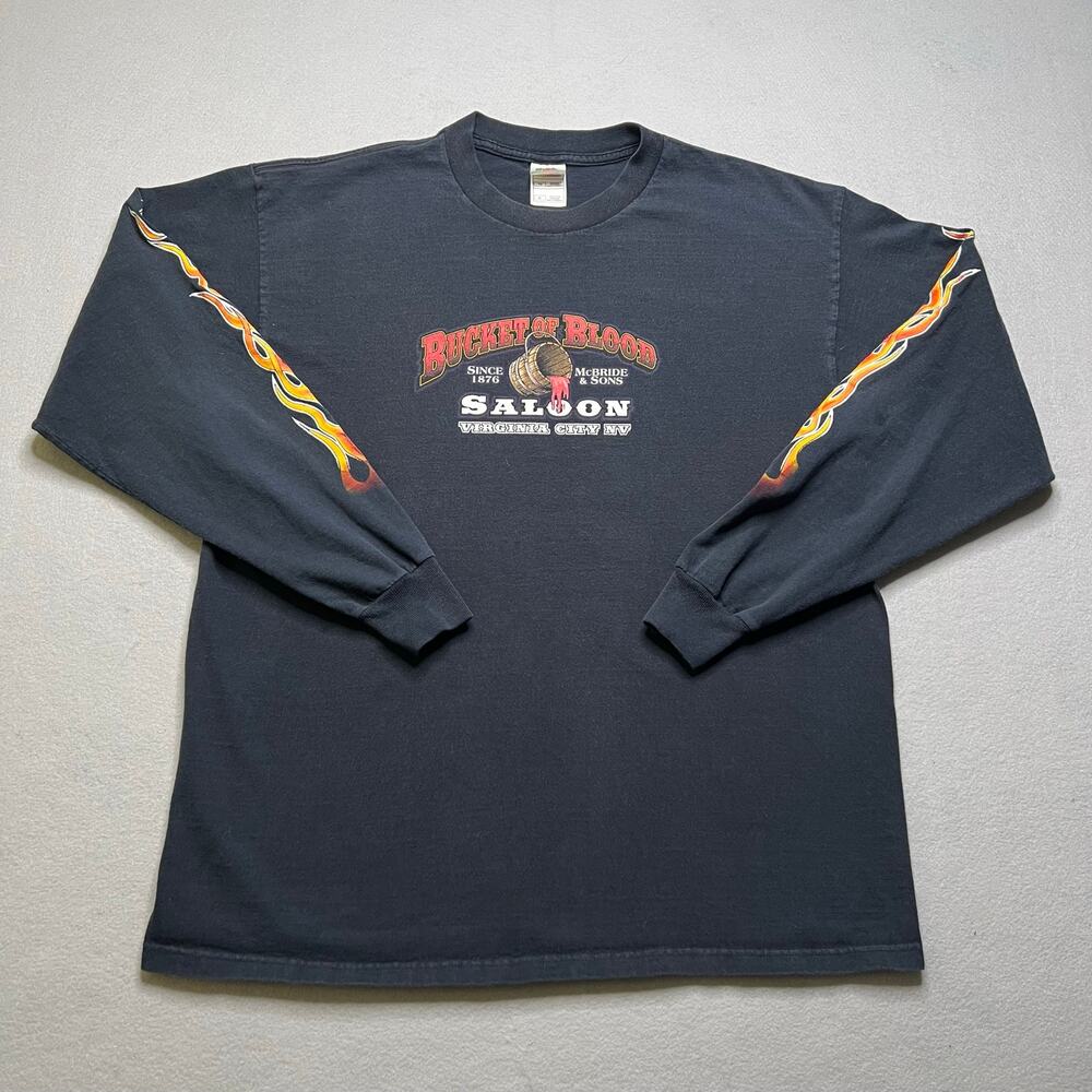 Vintage Bucket Of Blood Saloon Virginia City NV Long Sleeve T Shirt XL Flame Y2K
